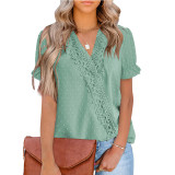 Lace V-Neck Short Sleeve Chiffon Shirt