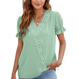 Lace V-Neck Short Sleeve Chiffon Shirt