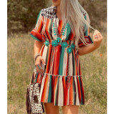 Colorful Striped Pleated Short Sleeve Mini Dress