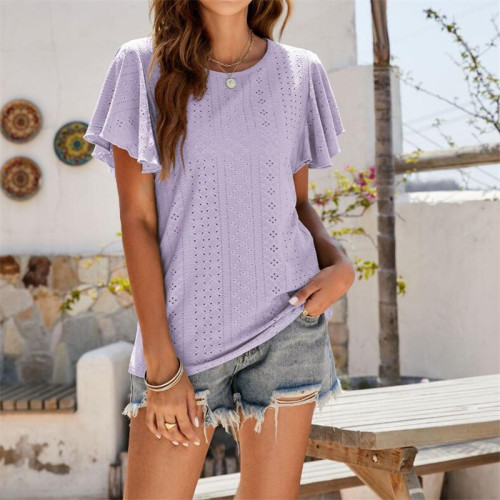 Hollow Out Ruffle Sleeve T-Shirt Top