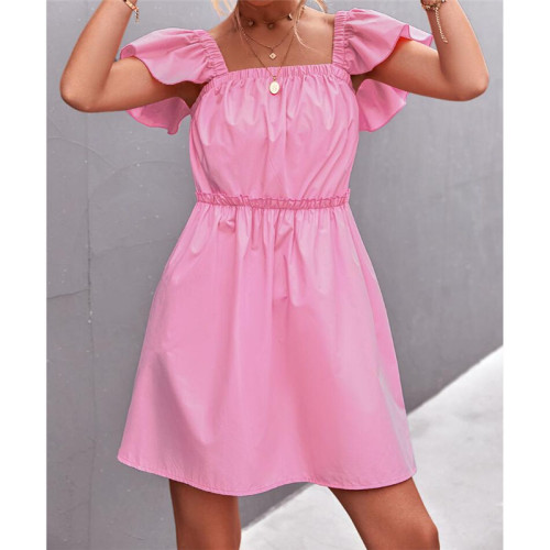 Solid Color Ruffle Sleeve Square Neck Mini Dress