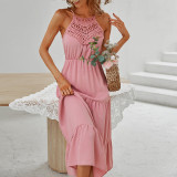 Pink High Waist Halter Sleeveless Maxi Dress