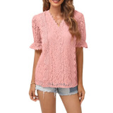 Solid V Neck Short Sleeve Lace Top Wholesale