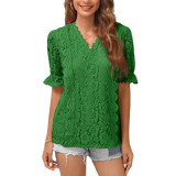 Solid V Neck Short Sleeve Lace Top Wholesale