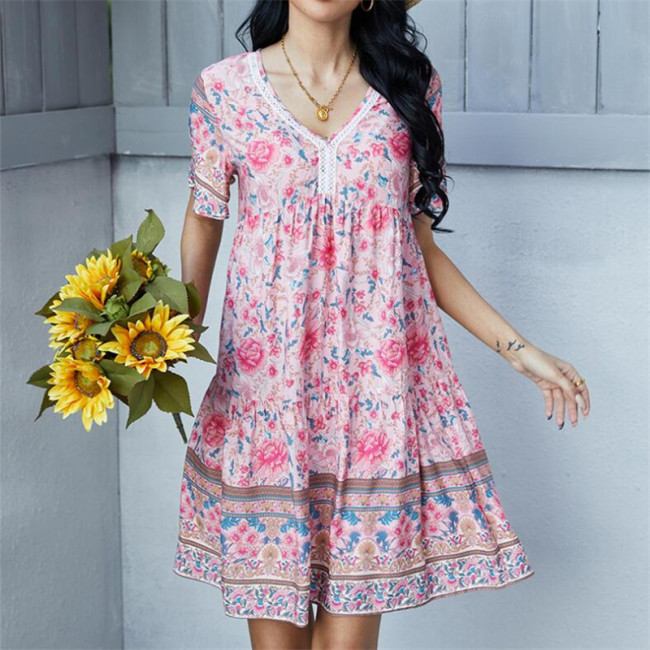 V-Neck Floral Print Mini Dress