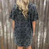 Leopard Print Printed Crew Neck Loose Mini Dress
