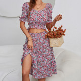 Floral Print Short Sleeve Skirt Two Pieces