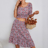 Floral Print Short Sleeve Skirt Two Pieces