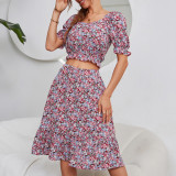 Floral Print Short Sleeve Skirt Two Pieces
