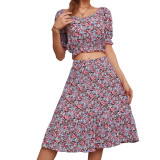 Floral Print Short Sleeve Skirt Two Pieces