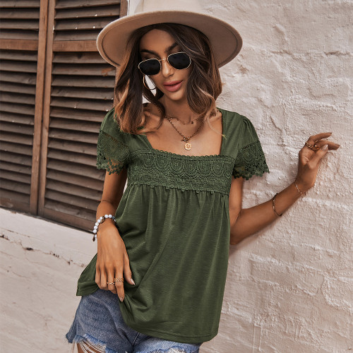 Short Sleeve Lace Panel Square Neck Top