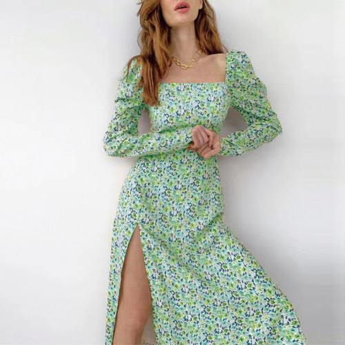 Floral Print Long Sleeve Split Maxi Dress