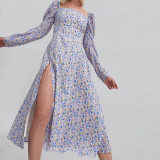 Floral Print Long Sleeve Split Maxi Dress