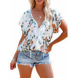 Floral Print V-Neck Short Sleeve Loose Top