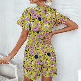 Yellow Floral Print Short Sleeve Rompers