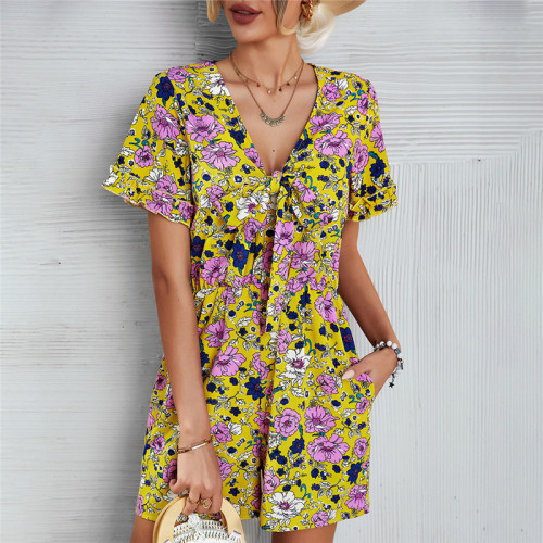 Yellow Floral Print Short Sleeve Rompers
