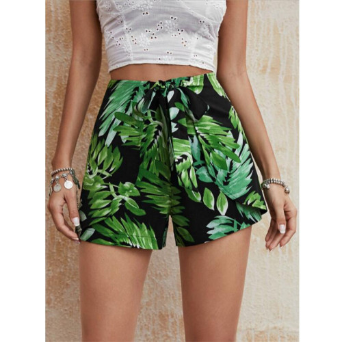 Green Leaf Print Beach Shorts