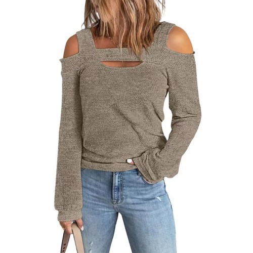 Solid Color Square Neck Long Sleeve T-Shirts