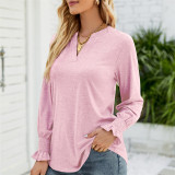 Solid Color Ruffle Sleeve V-Neck T-Shirts