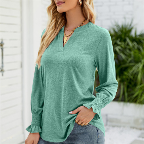 Solid Color Ruffle Sleeve V-Neck T-Shirts