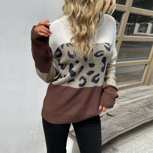 Long Sleeve Leopard Round Neck Sweaters