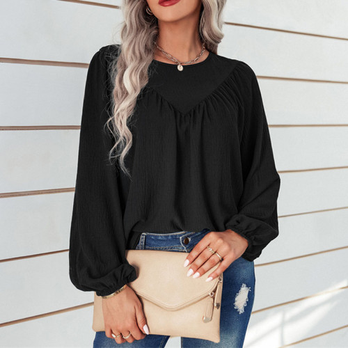 Solid Color Round Neck Loose Shirts