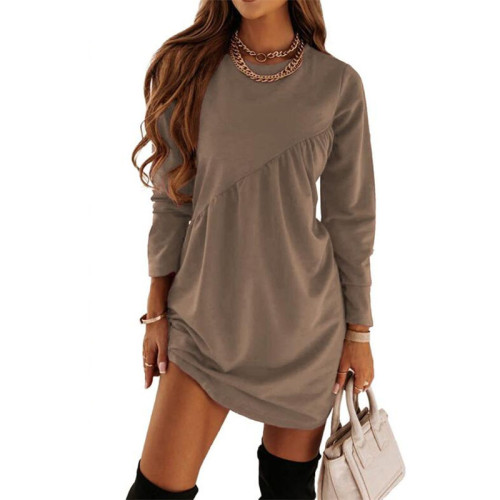 Solid Color Round Neck Long Sleeve Mini Dress