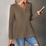 Solid Color V-Neck Waffle Button Shirts