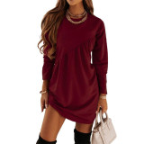Solid Color Round Neck Long Sleeve Mini Dress