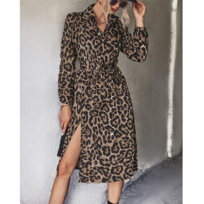 Leopard Long Sleeve Split Midi Dress