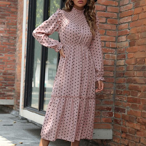 Pink Long Sleeve Polka Dot Maxi Dress
