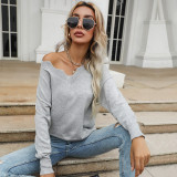 Grey Long Sleeve V-Neck Sweaters
