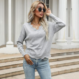 Grey Long Sleeve V-Neck Sweaters