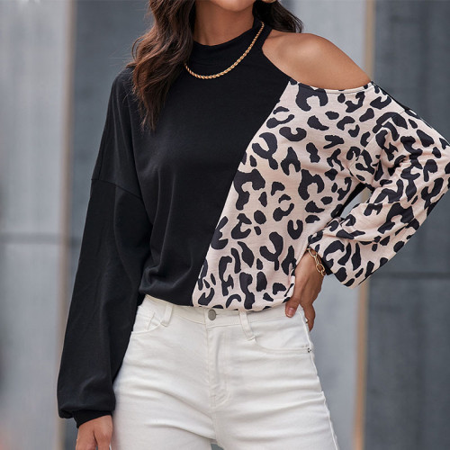 Leopard Long Sleeve Off Shoulder Shirts