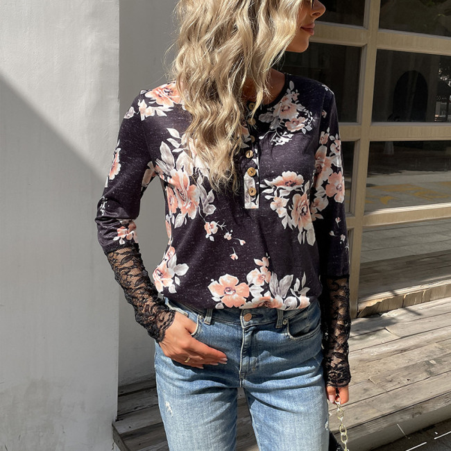 Lace Floral Print Long Sleeve Shirts