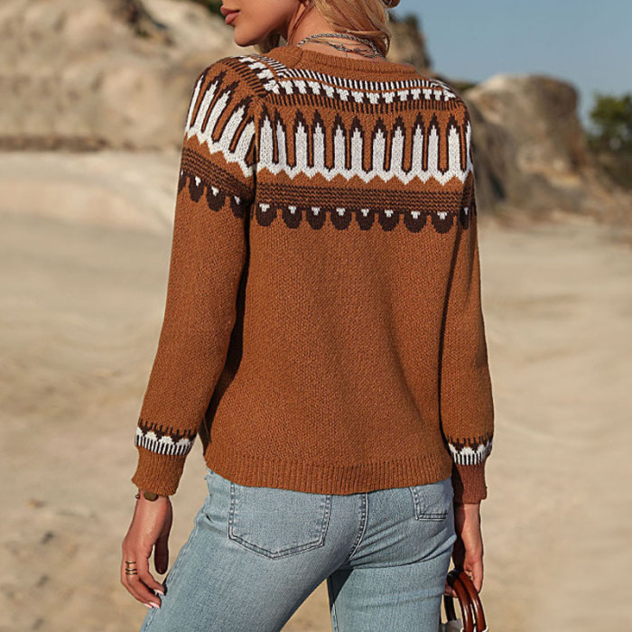 Brown Long Sleeve Round Neck Sweaters