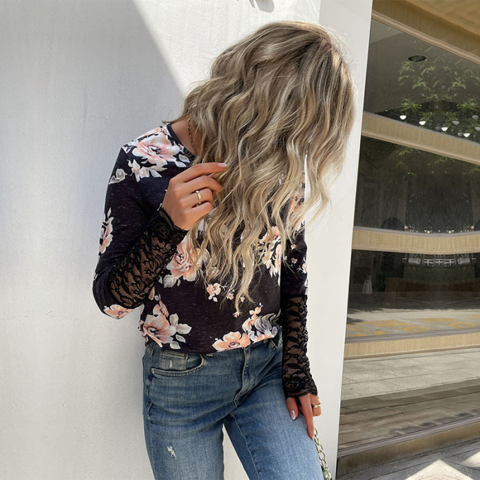 Lace Floral Print Long Sleeve Shirts