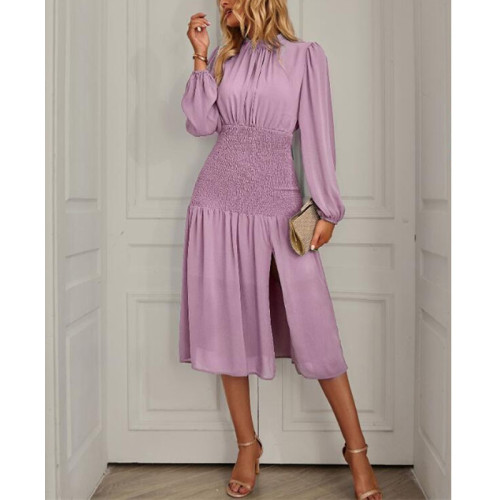 Solid Color Round Neck Long Sleeve Midi Dress