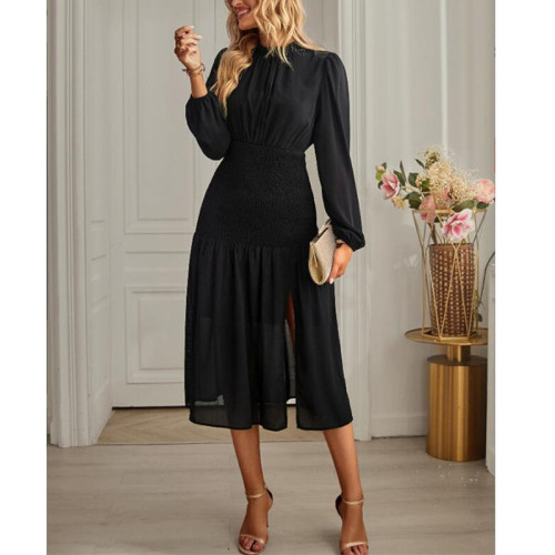 Solid Color Round Neck Long Sleeve Midi Dress