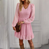 Swiss Dot V-Neck Long Sleeve Mini Dress