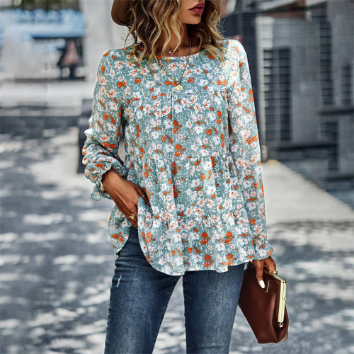 Floral Print Round Neck Chiffon T-Shirts