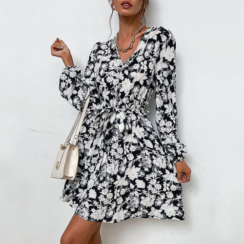 V-Neck Floral Print Mini Dress