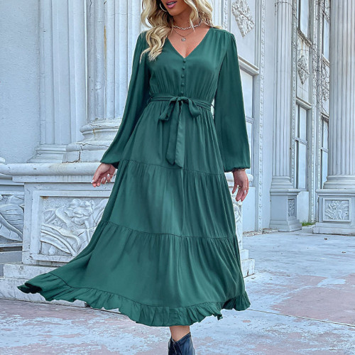 Green Long Sleeve Pleated Maxi Dress