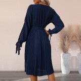 Solid Color Hollow Long Sleeve Midi Dress