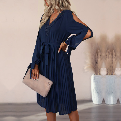 Solid Color Hollow Long Sleeve Midi Dress