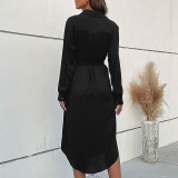 Black Lapel Shirt Long Sleeve Midi Dress