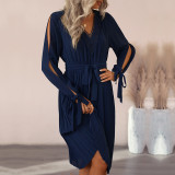 Solid Color Hollow Long Sleeve Midi Dress