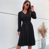 Black Long Sleeve Pleated Midi Dress