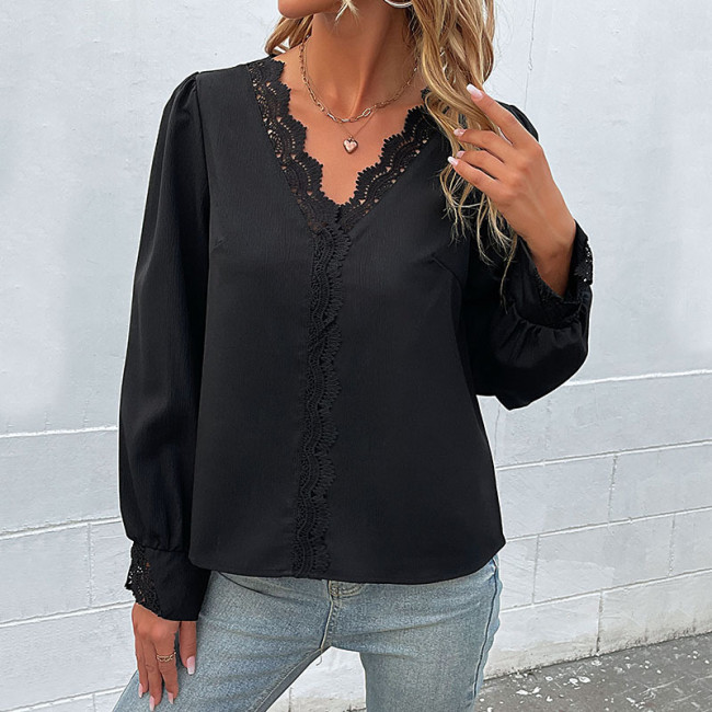 V-Neck Lace Long Sleeve Shirts