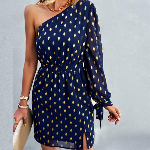 Dot Oblique Shoulder Mini Dress